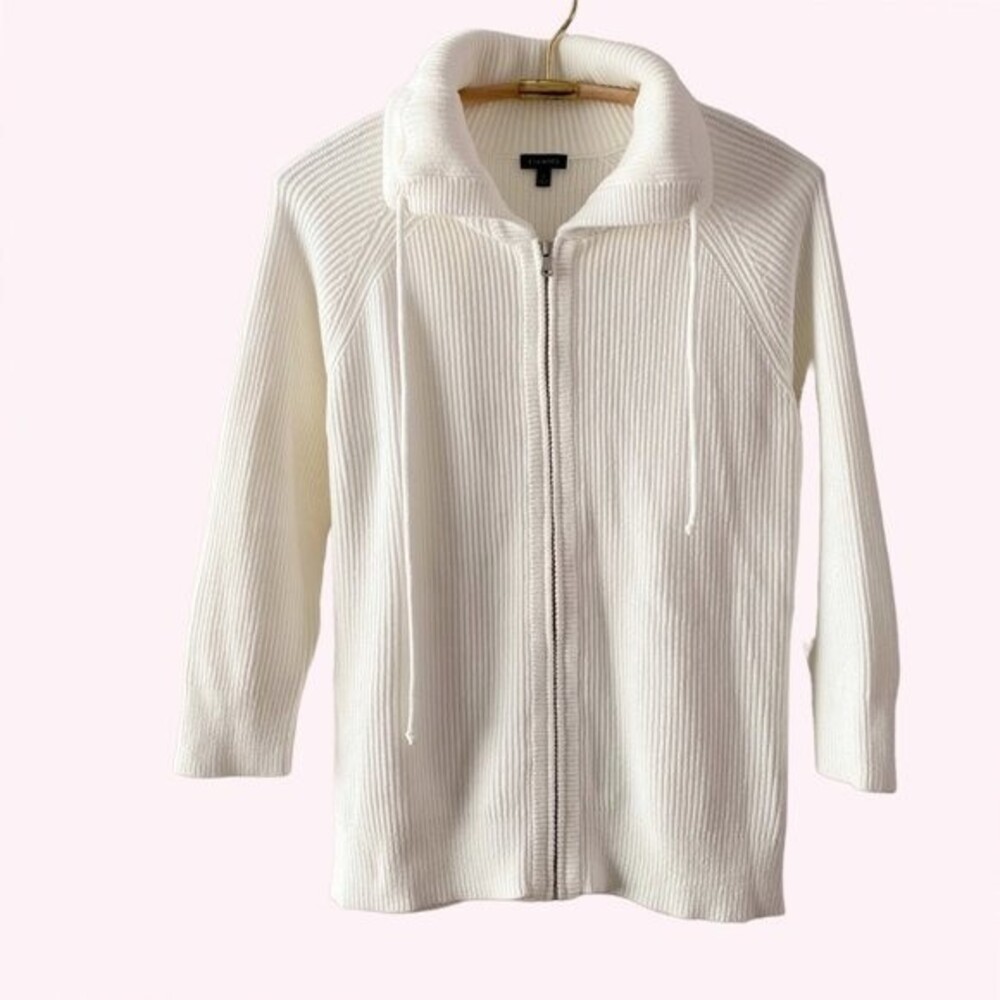 Talbots White Thick Chunky Knit Full Zip Turtle Neck Ribbed Cotton Sweater L